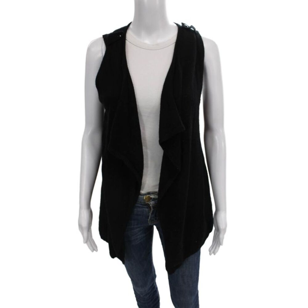 Linda Richards Womens Cardigan Vest Black Knit Sleeveless Open Neck Size S